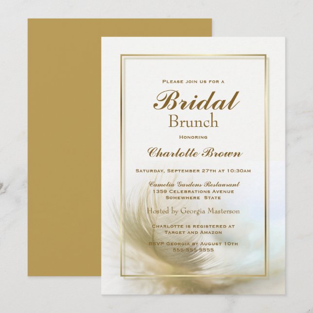 Stylish Gold Feather Bridal Brunch Invitation (Front/Back)