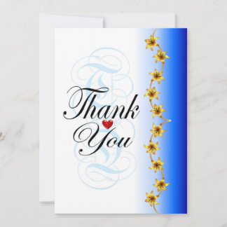 Stylish gold flower in blue calligraphy thank you card