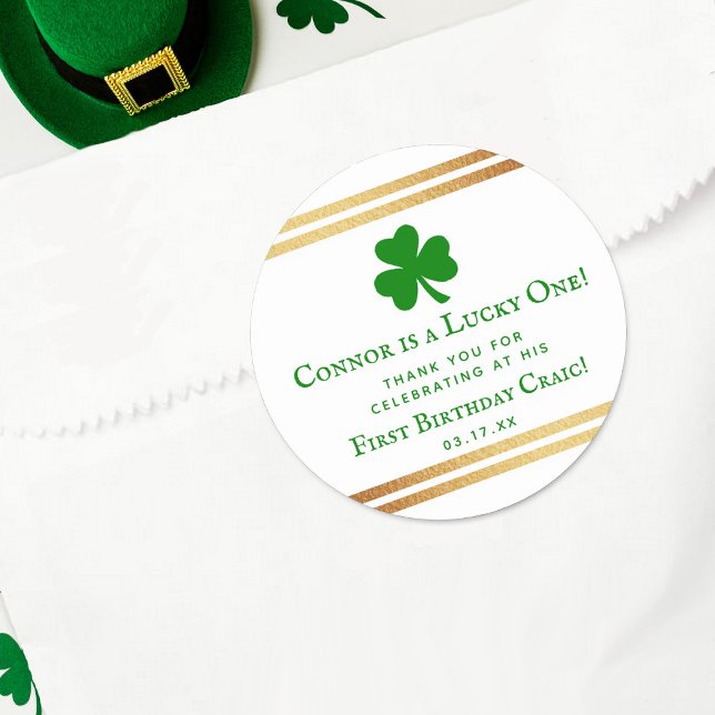 Stylish Gold Foil St. Patrick's 1st Birthday Favou Classic Round Sticker (Creator Uploaded)