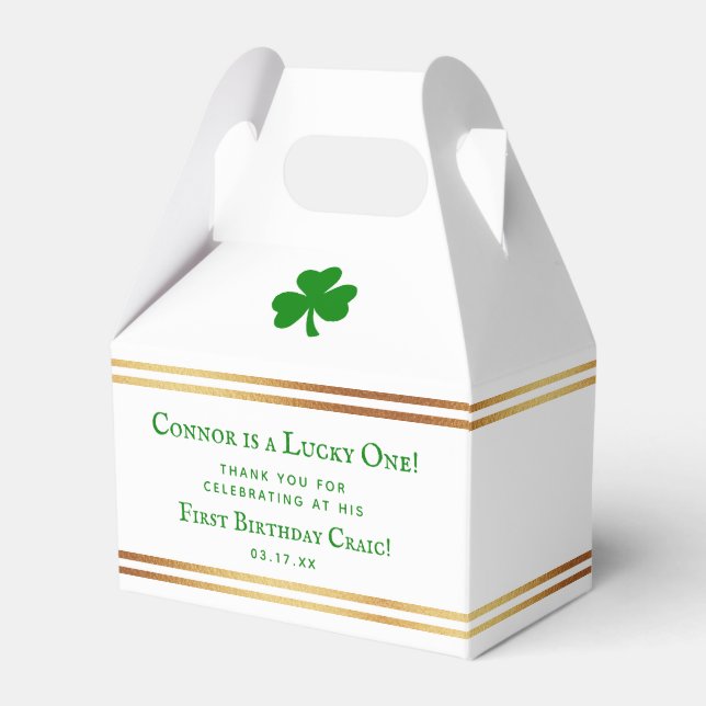 Stylish Gold Foil St. Patrick's Day 1st Birthday Favor Box (Front Side)