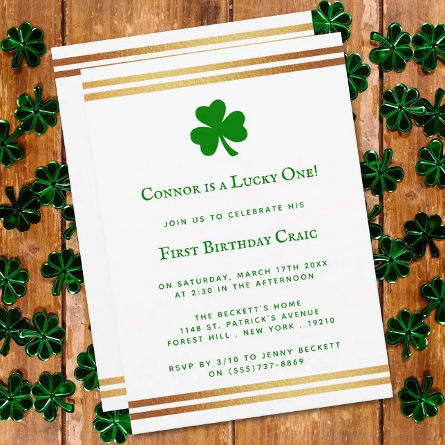 Stylish Gold Foil St. Patrick's Day 1st Birthday Invitation (Creator Uploaded)