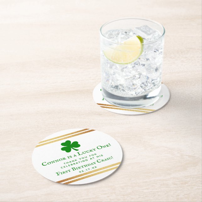 Stylish Gold Foil St. Patrick's Day 1st Birthday Round Paper Coaster (Insitu)