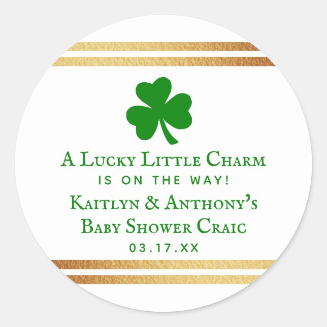 Stylish Gold Foil St. Patrick's Day Baby Shower Classic Round Sticker (Front)