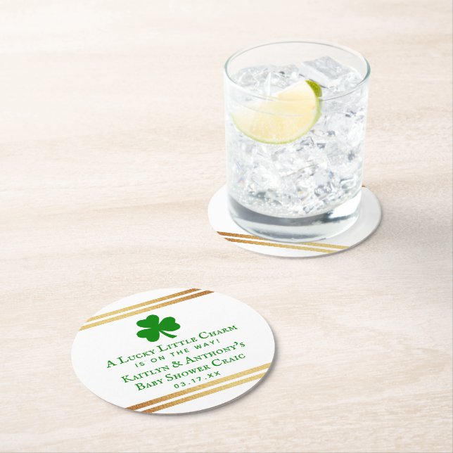 Stylish Gold Foil St. Patrick's Day Baby Shower Round Paper Coaster (Insitu)