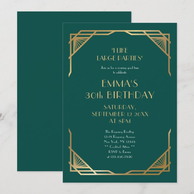 Stylish Gold Gatsby Style 30th Birthday Party Invitation (Front/Back)