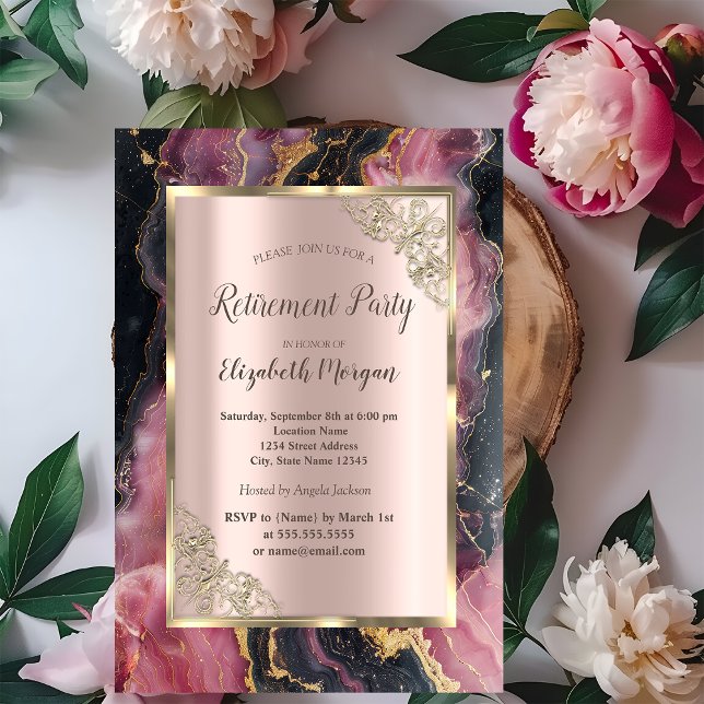  Stylish Gold Glitter Black Burgundy Retirement Invitation (Creator Uploaded)