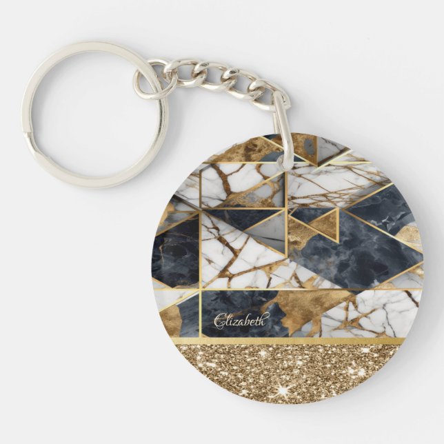Stylish Gold Glitter Black Geometric Marble Keychain (Front)
