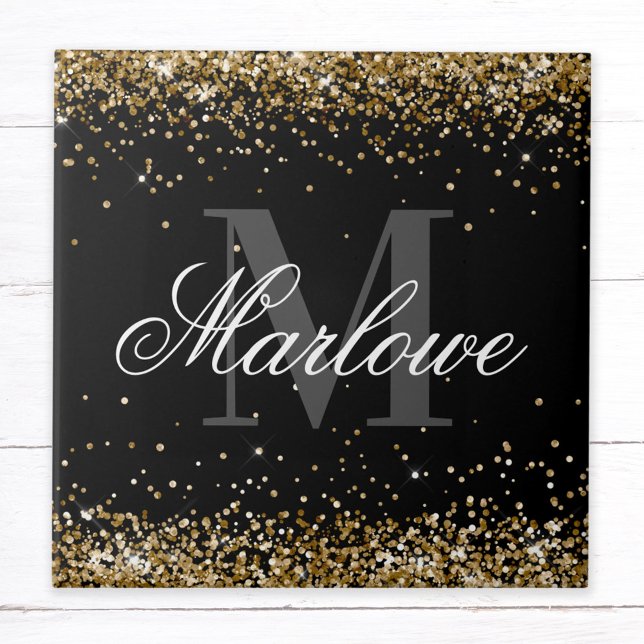 Stylish Gold Glitter Black White Monogram Tile (Creator Uploaded)