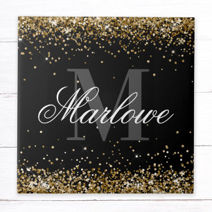 Stylish Gold Glitter Black White Monogram Tile