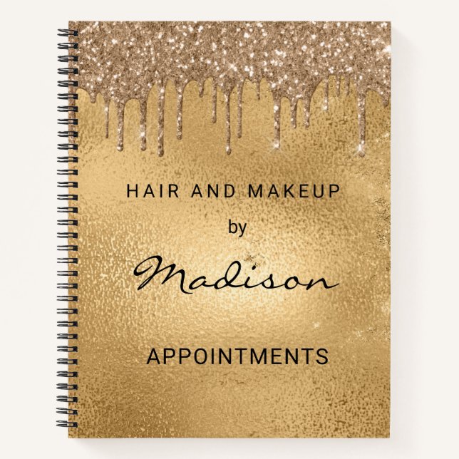 Stylish Gold Glitter Drip Hair And Makeup Notebook (Front)