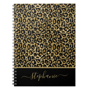 Stylish Gold Glitter Leopard Animal Print Monogram Notebook