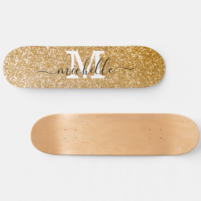 Stylish Gold Glitter Personalized Monogrammed  Skateboard (Horz)