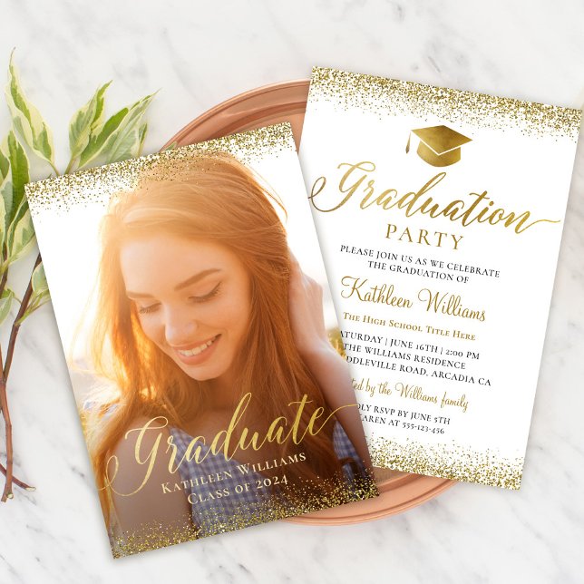 Stylish Gold Glitter Photo Graduation Party Invitation (Creator Uploaded)