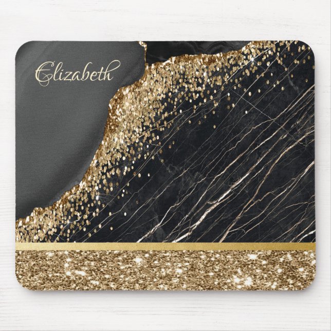 Stylish Gold Glitter Sequins Black Marble Mouse Pad (Front)