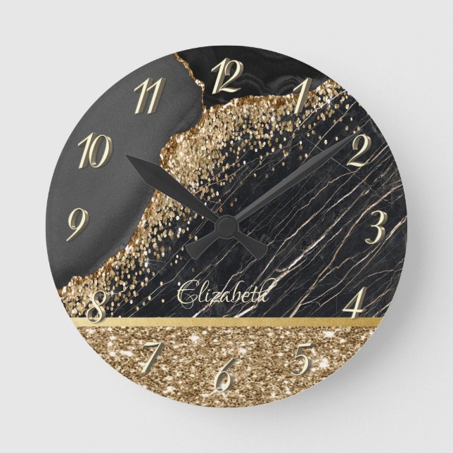 Stylish Gold Glitter Sequins Black Marble  Round Clock (Front)