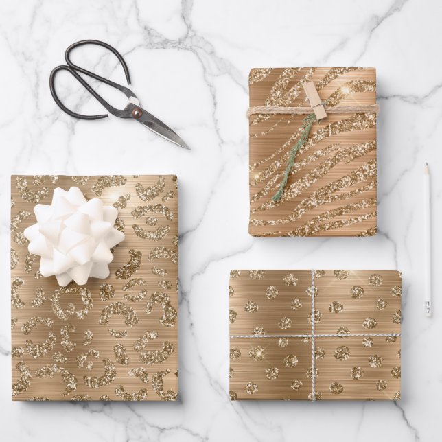 Stylish Gold Glitter Wild Big Cat Animal Patterns Wrapping Paper Sheet (Front)