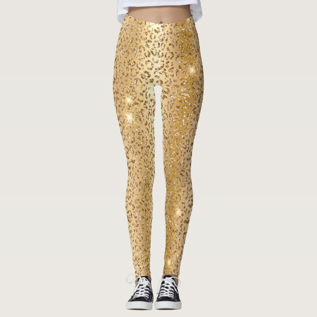 Stylish Gold Glitter Wild Leopard Spots Pattern Leggings (Front)