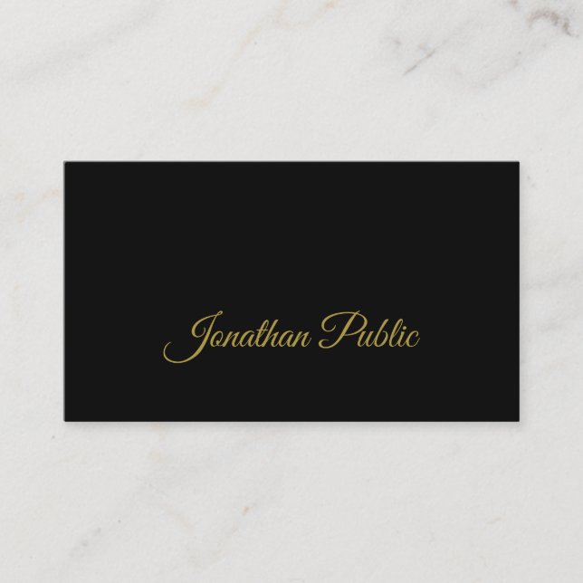 Stylish Gold Handwritten Script Clean Black Plain Business Card (Front)