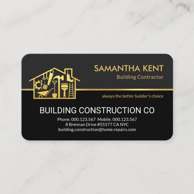 Stylish Gold Home Repairs Contractor Business Card (Front)
