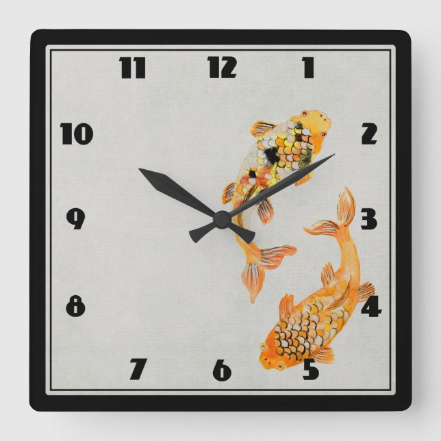 Stylish Gold Koi Fish Square Wall Clock (Front)