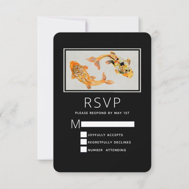 Stylish Gold Koi Fish Wedding RSVP Card (Front)