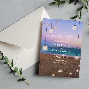 stylish gold lights beach wedding save the date card