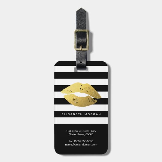 Stylish Gold Lips with Classic Black White Stripes Luggage Tag