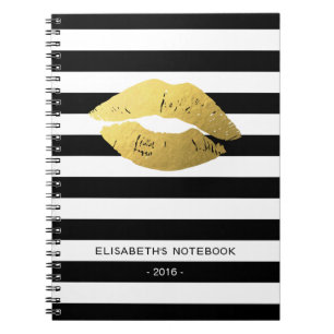 Stylish Gold Lips with Classic Black White Stripes Notebook