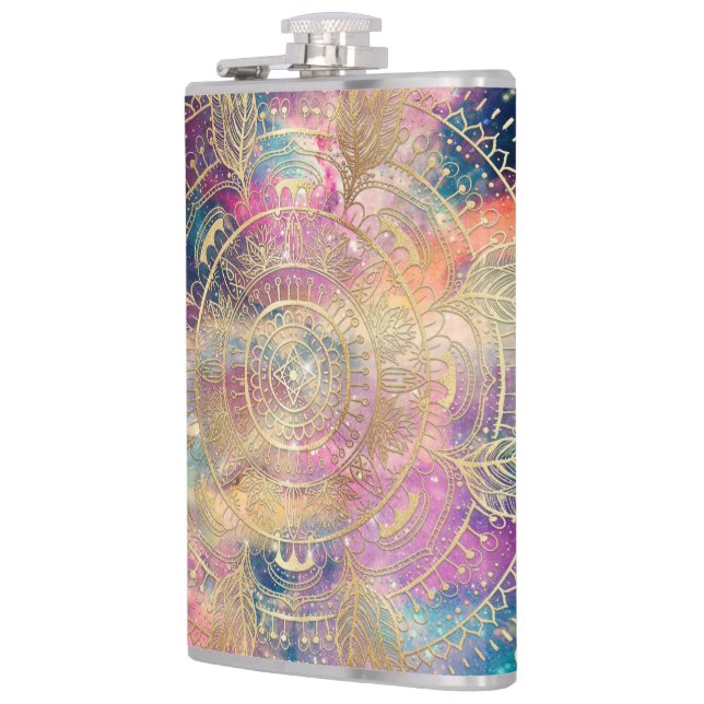 Stylish Gold Mandala Colorful Watercolor Nebula  Hip Flask (Left)
