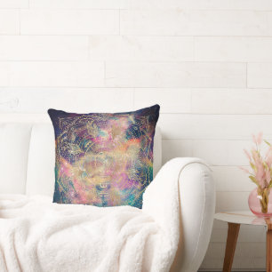Stylish Gold Mandala Colorful Watercolor Nebula Throw Pillow