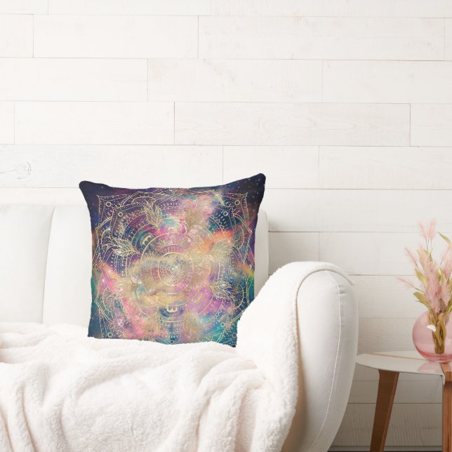 Stylish Gold Mandala Colorful Watercolor Nebula  Throw Pillow (Couch)