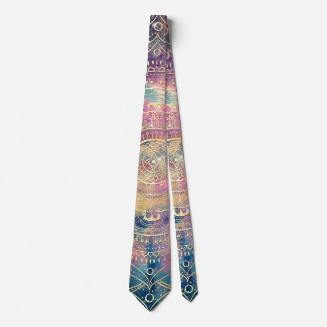 Stylish Gold Mandala Colorful Watercolor Nebula  Tie (Front)