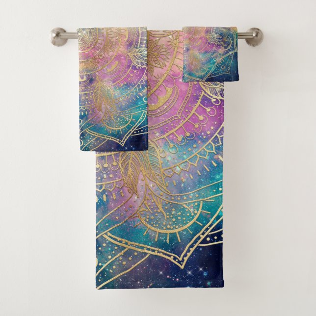 Stylish Gold Mandala Colourful Watercolor Nebula  Bath Towel Set (Insitu)