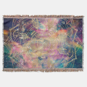 Stylish Gold Mandala Colourful Watercolor Nebula  Throw Blanket