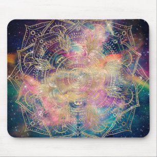 Stylish Gold mandala watercolor & Nebula Colorful Mouse Pad