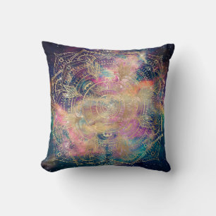 Stylish Gold mandala watercolor & Nebula Colorful Throw Pillow