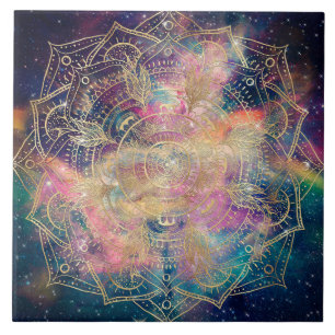 Stylish Gold mandala watercolor & Nebula Colorful Tile