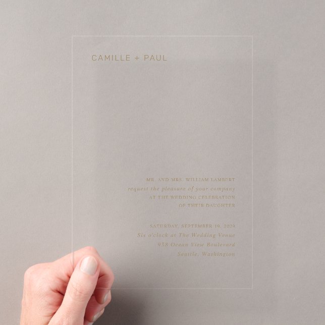 Stylish Gold Minimalist Wedding Acrylic Invitations (Insitu (Handheld))