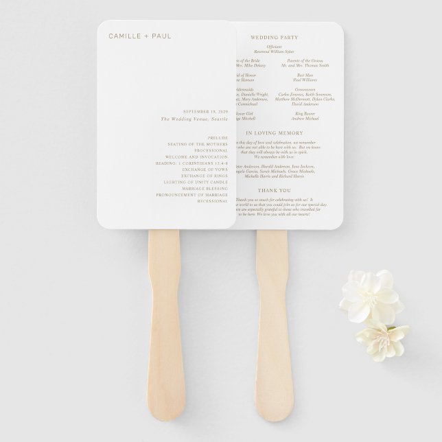 Stylish Gold Minimalist Wedding Program Hand Fan (Front and Back)