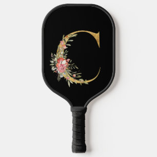 Stylish Gold Monogram C  with Pink Flowers Pickleball Paddle
