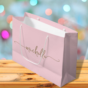Stylish Gold Monogram Name Script Blush Pink  Large Gift Bag