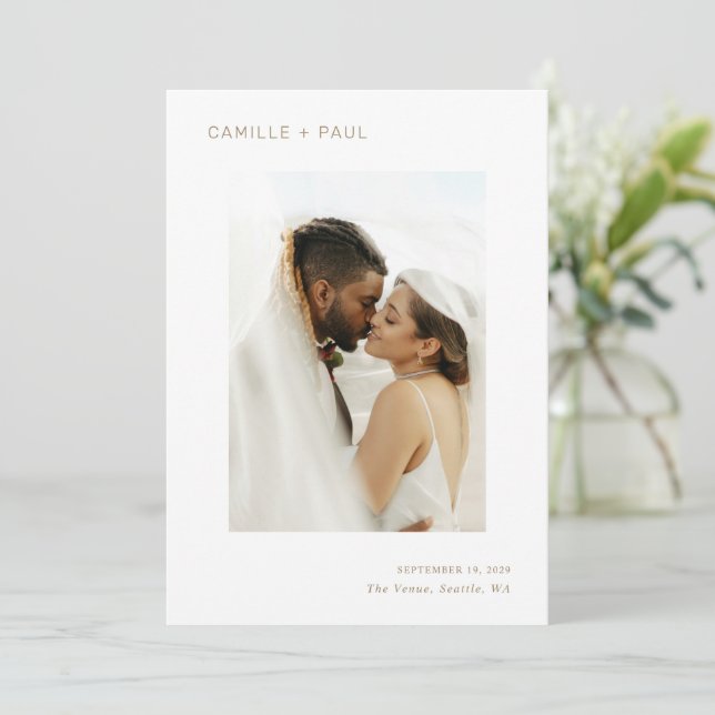 Stylish Gold Photo Minimalist Wedding Save The Date (Standing Front)