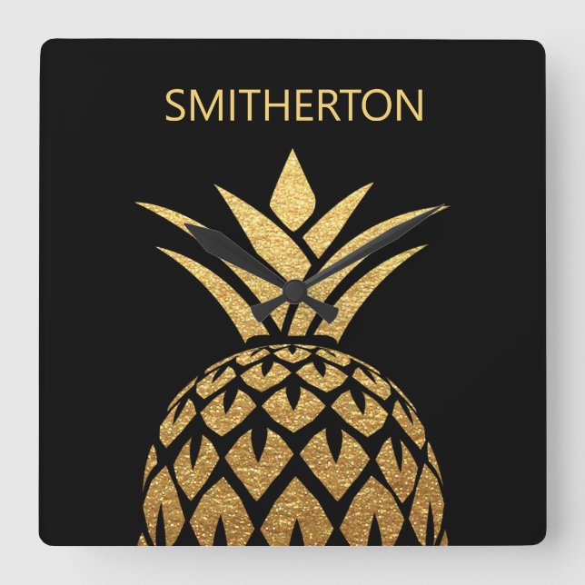 Stylish Gold Pineapple Black Family Name  Square Wall Clock (Front)