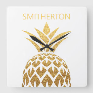 Stylish Gold Pineapple White Family Name Square Wall Clock