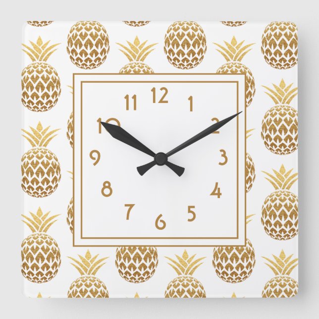 Stylish Gold PIneapples White  Square Wall Clock (Front)