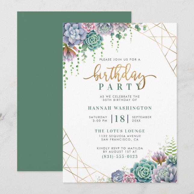 Stylish Gold Script & Succulents Birthday Party Invitation (Front/Back)