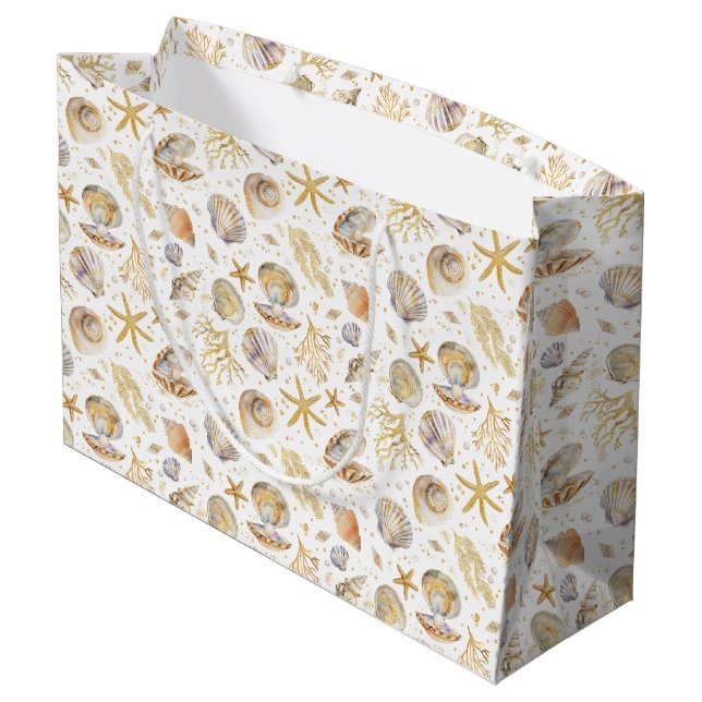 Stylish Gold Seashell Summer Pattern Large Gift Bag (Back Angled)