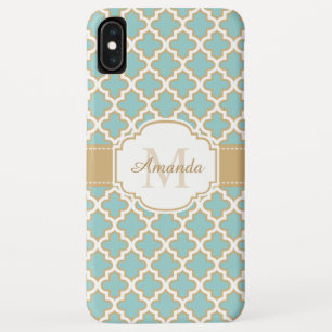 Stylish Gold Teal Blue Moroccan Pattern Monogram iPhone XS Max Case