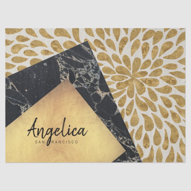 Stylish Gold Teardrop Black Marble Stone Monogram Tissue Paper (Front)