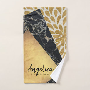 Stylish Gold Teardrop Paint Black Marble Monogram Hand Towel